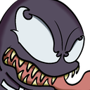 A dark purple monster with large white eyes and a wide mouth full of sharp teeth, sticking its long red tongue out.