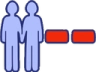 Two light blue human silhouettes standing next to two red rectangular blocks against a dark background.
