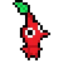 Red Pikmin character with a green leaf on its head standing in a pixel art style.