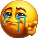 Yellow emoji face with tears streaming down its cheeks while pointing a finger directly forward.