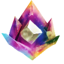 A glowing, multifaceted crystal shard with purple and multicolor light radiating from its center.