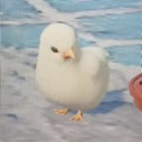 A small white fluffy chick standing on a blue surface with a stern, judgmental expression.