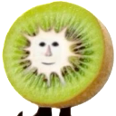 A cross-section of a kiwi fruit with a simple human face and small legs standing on a white background.
