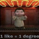 A cartoon baby stands inside an oven with a caption reading 1 like = 1 degree.