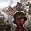 A soldier wearing a helmet with a blank, shell-shocked expression against a backdrop of a smoky battlefield.