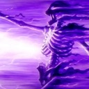 A skeleton figure glowing with bright purple energy while casting a powerful spell.