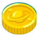A gold coin with a planet and ring symbol embossed on its surface.