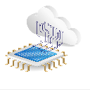 A computer chip with blue circuitry connected to a white cloud icon above it.