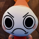 A round character with a white face and large black eyes wearing a deeply angry and annoyed expression.