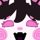 A stylized anime character with black hair and pink spiral cheeks smiling with an open mouth in pure excitement.