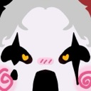 A stylized clown face with white skin, black dramatic eye makeup with yellow heart pupils, and pink swirls on its cheeks.