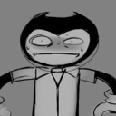 Bendy the ink demon with wide eyes and a strained, forced smile looking visibly anxious.