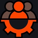 A stylized orange icon showing three human silhouettes above a mechanical gear on a dark background.