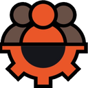 A group of three people silhouettes integrated into a mechanical gear icon.