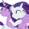 Two cartoon ponies with closed eyes smiling while hugging each other tightly.