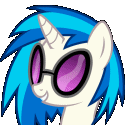 A white unicorn with blue hair wearing purple-tinted sunglasses and smiling.