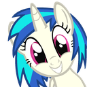 A white unicorn pony with a blue mane and horn smiling widely with large, happy eyes.
