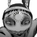 Human face with wide, intense eyes and a loading spinner icon overlaid on the forehead.