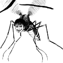 A mosquito with a human face and a wide, mischievous grin.