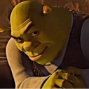 Shrek leaning forward with a smug, mischievous smirk on his face.