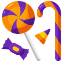 A lollipop, a candy cane, and a wrapped candy are arranged together in a flat, colorful illustration.