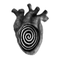 Anatomical heart with a black and white swirling spiral vortex in the center.