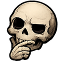 A human skull resting its chin on its hand in a thoughtful, pondering pose.