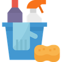 Bucket filled with a sponge and gloves in a flat, colorful graphic style.