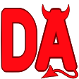 The letters D and A in bold red font with devil horns on the A and a small red devil tail at the bottom.