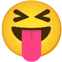Yellow smiley face with eyes squeezed shut and a long pink tongue sticking out.