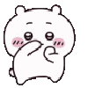 A small white round creature with blushing cheeks covering its mouth with its hands.