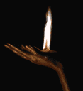 A golden hand gestures to summon a flickering white flame against a black background.