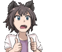 An anime girl with cat ears looks shocked while giving a thumbs up gesture.
