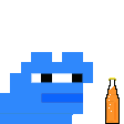 A blue pixelated creature pushes away an orange bottle with the word NOPE appearing above it.