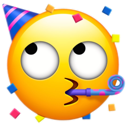 A yellow circular smiley face wearing a blue and purple striped party hat, looking to the side while blowing a party horn wi…