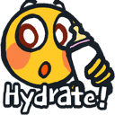 A yellow smiley face with wide eyes drinking from a baby bottle with the text Hydrate! written below.