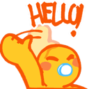 A yellow cartoon character with a pacifier waving hello with a bold orange outline.