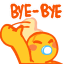 A cute orange baby with a pacifier waving its hand with the text BYE-BYE above it.