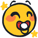 A yellow smiley face with flushed cheeks and a red pacifier in its mouth, surrounded by small yellow sparkling stars.