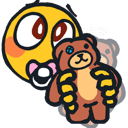 A yellow smiley face with wide eyes and a pacifier holding a brown teddy bear tightly.