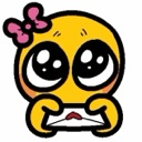 Yellow character with a pink bow and large, wide eyes holding a white envelope with a heart on it.