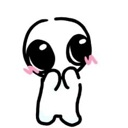 A simple white line-art creature with large black eyes and pink blushing cheeks holding its hands up to its face.