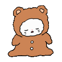 A character in a brown bear onesie looking increasingly tired before collapsing on the floor.