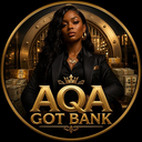 A woman in a black suit stands confidently in front of a gold bank vault with stacks of money.