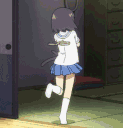 An anime girl in a school uniform happily spinning in a circle while holding a small black cat.