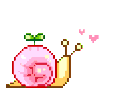 A small pixel art snail with a pink shell and a green sprout on its back, surrounded by floating pink hearts.