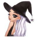 Witch with long hair and a pointed hat looking over her shoulder.