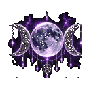 Triple moon symbol featuring a full moon in the center and two crescents on the sides, glowing with purple energy and a smal…