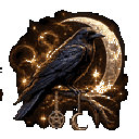 A black raven perched on a branch under a glowing gold crescent moon with a small pentagram charm.