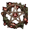 Pentacle symbol made of intertwined wooden branches and green leaves with glowing red highlights.